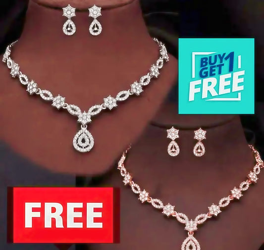 EWELLERY STYLISH DESIGNED ROSE GOLD &amp; SILVER POLISH AD STONE STUDDED CHOKER NECKLACE JEWELLERY COMBO SET WITH MATCHING PAIR OF EARRINGS FOR WOMEN AND GIRLS